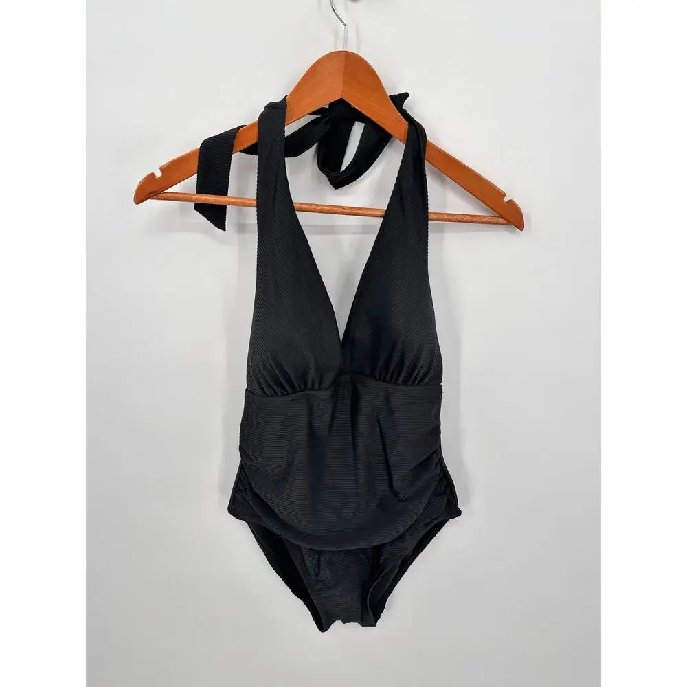 TOMMY HILFIGER NWT Black Plunge Halter Swim Suit // 8